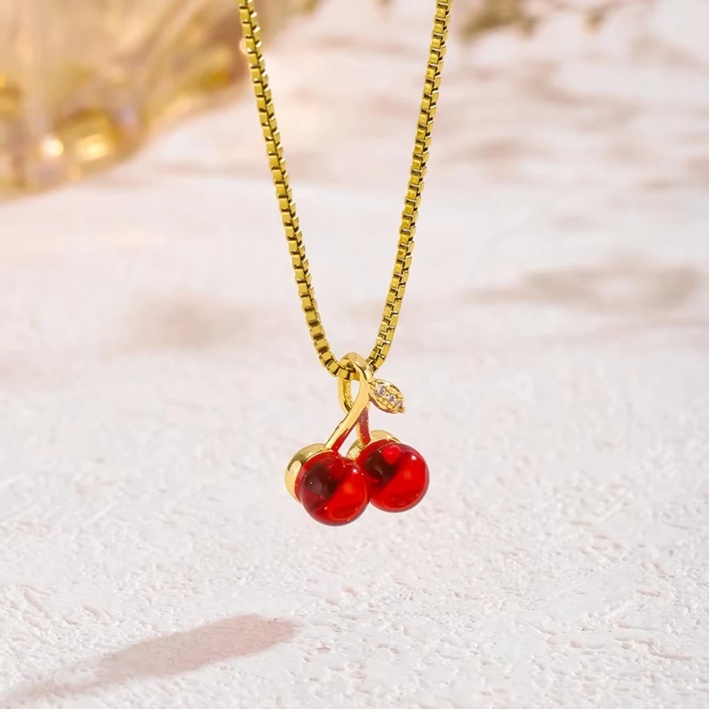 

Cherry Pendant Necklace for Women - Gold Plated Stainless Steel Jewelry - Cute Kawaii Y2K Necklace - Fashion Gift for Girlfriend