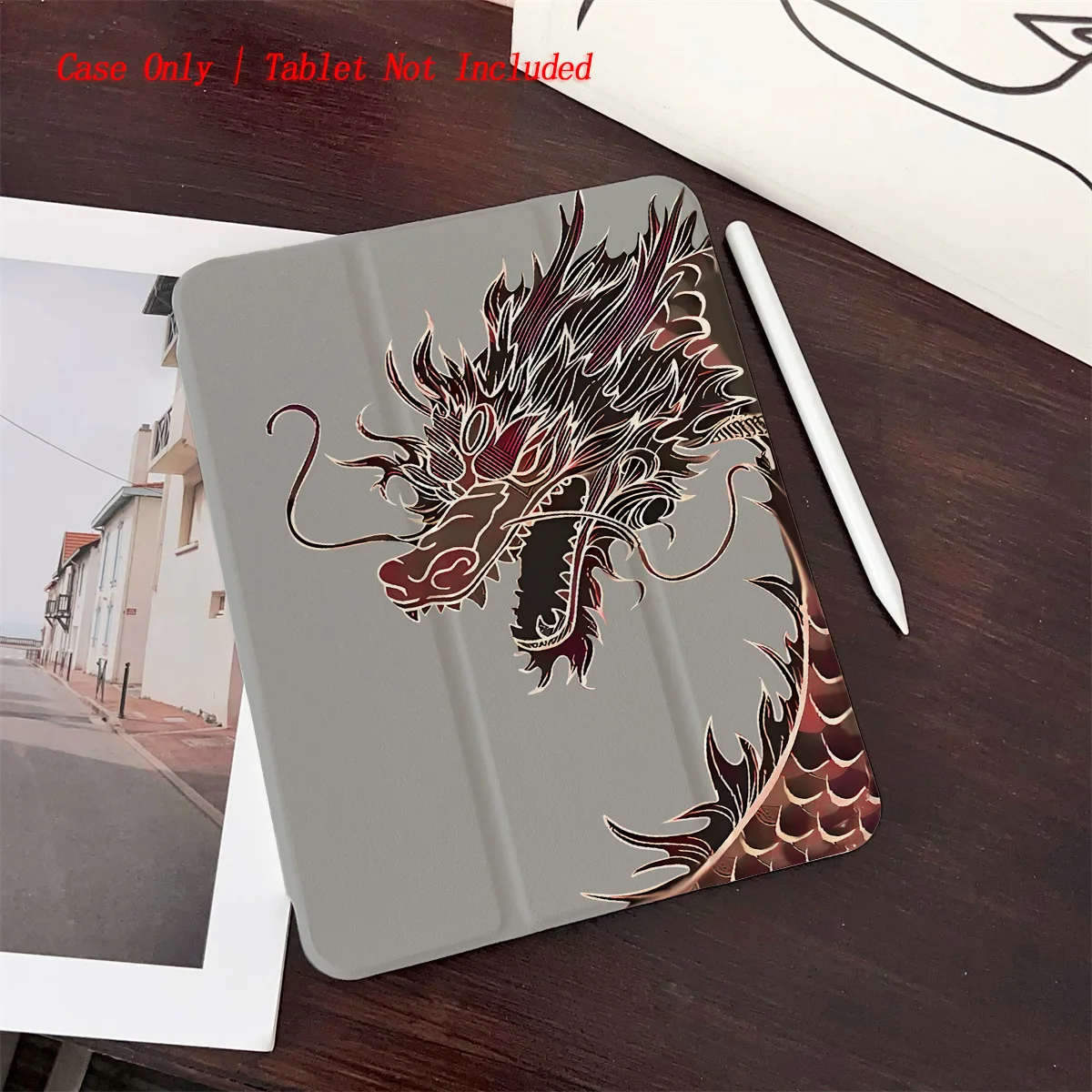 

Simple Fresh 360° Rotating iPad Book Cover with Pen Slot & Gray Dragon Pattern, Fits Multiple Apple Models