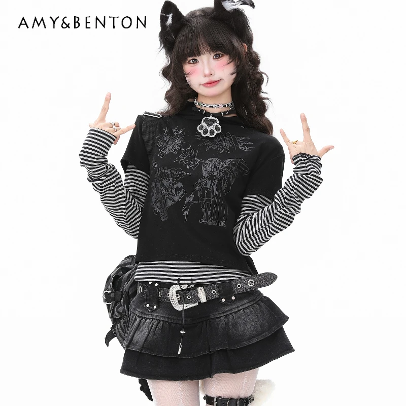 

New Blue Fake 2 Piece Striped Hooded Long Sleeve Women's T-Shirt Original Heavy Craft Sweet Cool Pleated Mini Skirt Set Ladies