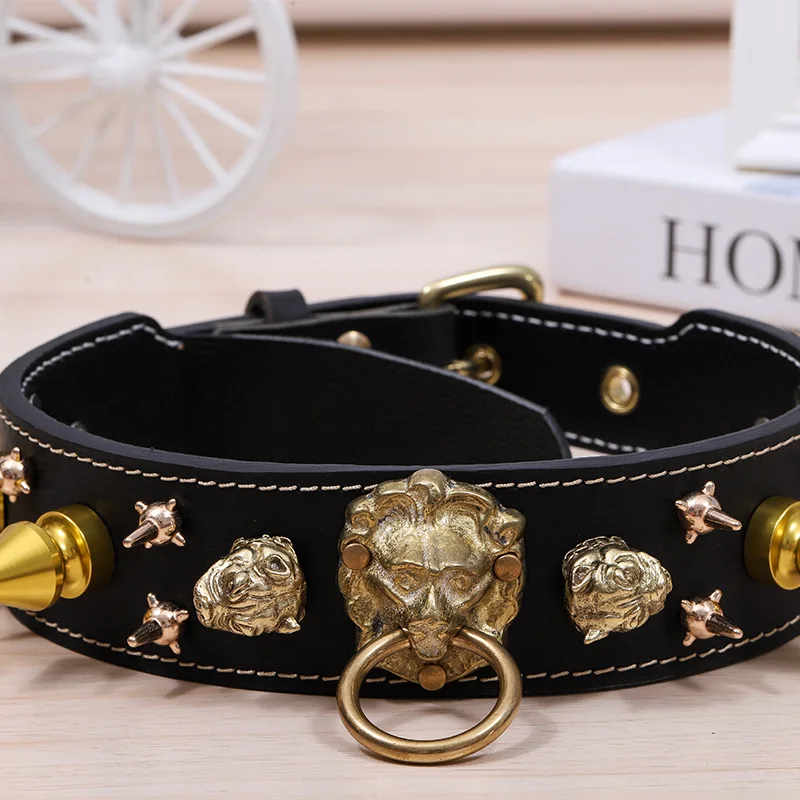 Cowhide Rivet Dog Collar First Layer Cowhide Large and Medium Dog Collar Round Head Rivet Anti-bite Dog Collar