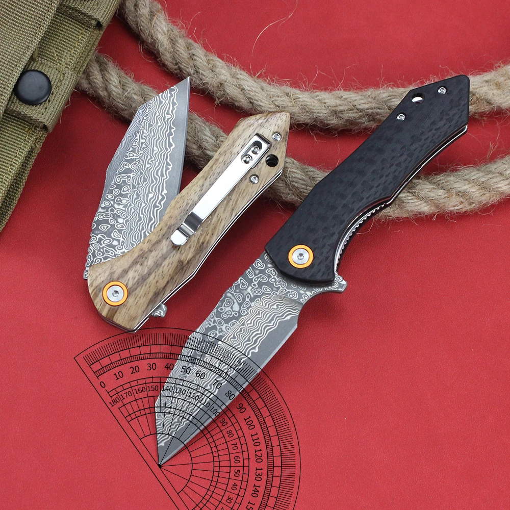Damascus Folding Knife Zebra wood/carbon fiber G10 Handle Tanto Pocket Knives EDC Hunting Survival Knife Hand Tools - view 2