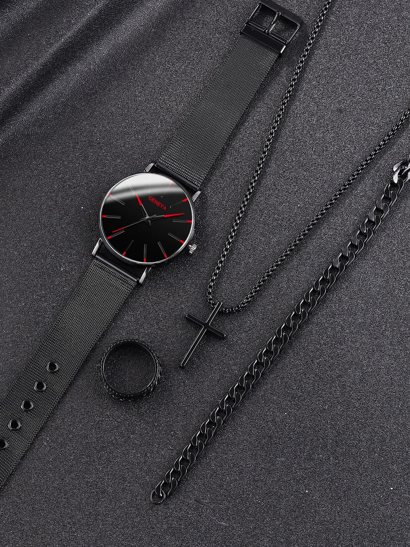 Classic fashion Alloy graduated men\'s mesh band quartz watch with Necklace Ring Bracelet Set Party Party Gift collection