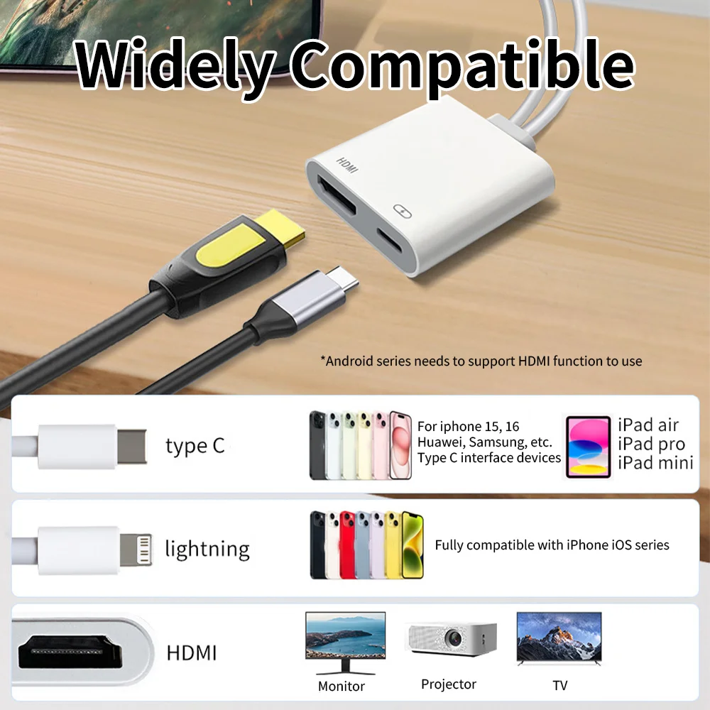 Adapter USB-C i Lightning na HDMI do synchronizacji ekranu iPhone'a z telewizorem, cyfrowy adapter AV kompatybilny z iPhone 17, 16, 15, iPad. — zdjęcie produktu 2