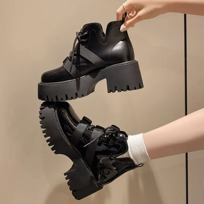 Chunky Black Platform Casual Women's Ankle Boots 2024 New Designer Autumn Winter British Style Platform Boots Shoes for Women