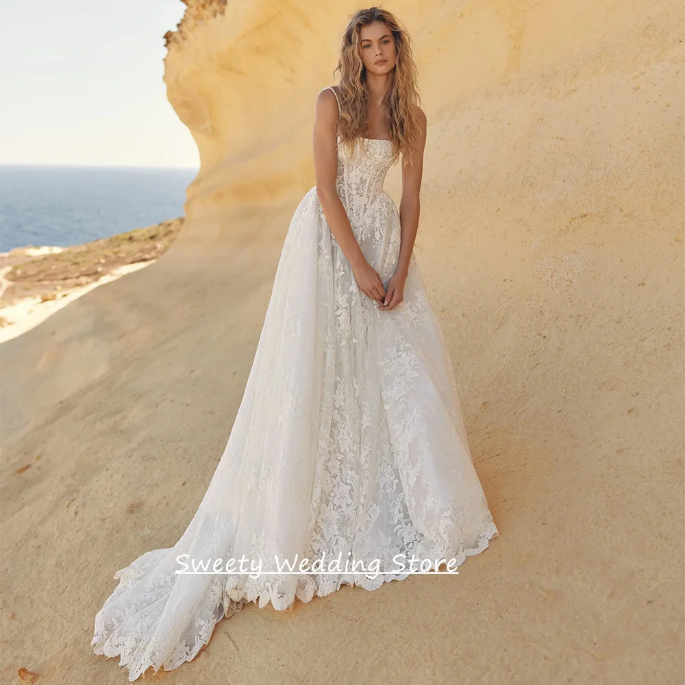 

2026 Wedding Dress for Woman Bride Customized Spaghetti Straps See Through Lace Applique Corset Bridal Gown Sweep Train