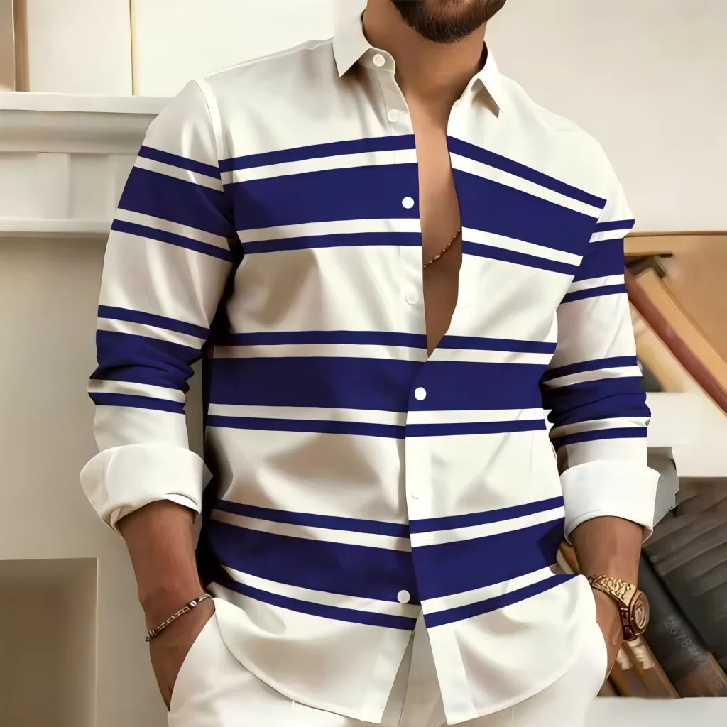 Striped printed men's long sleeved shirt, casual and comfortable, fashionable and trendy, street outdoor, soft fabric