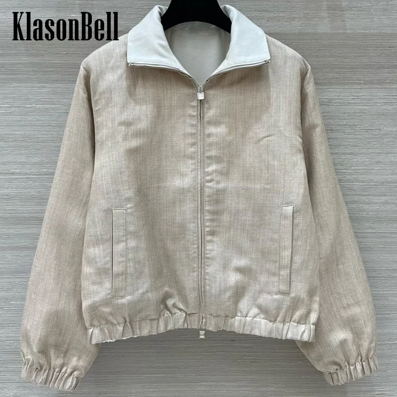 

9.2 KlasonBell Women Clothes Traveller Linen Jacket Wool Knit Lining Spliced Lapel Collar Zipper Short Casual Outerwear