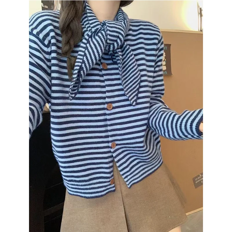 Two-piece Suit Scarf Knitting Cardigan Femme 2024 New Patchwork Vintage All-match Striped Sweater Coat Women's Simplicity Tops