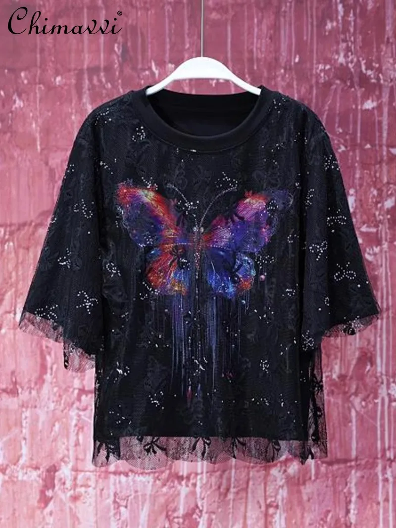 

2025 Summer European Goods Design Sense Heavy Industry Butterfly Printing Lace Splicing Fake Two Pieces Short T-shirt Top Women
