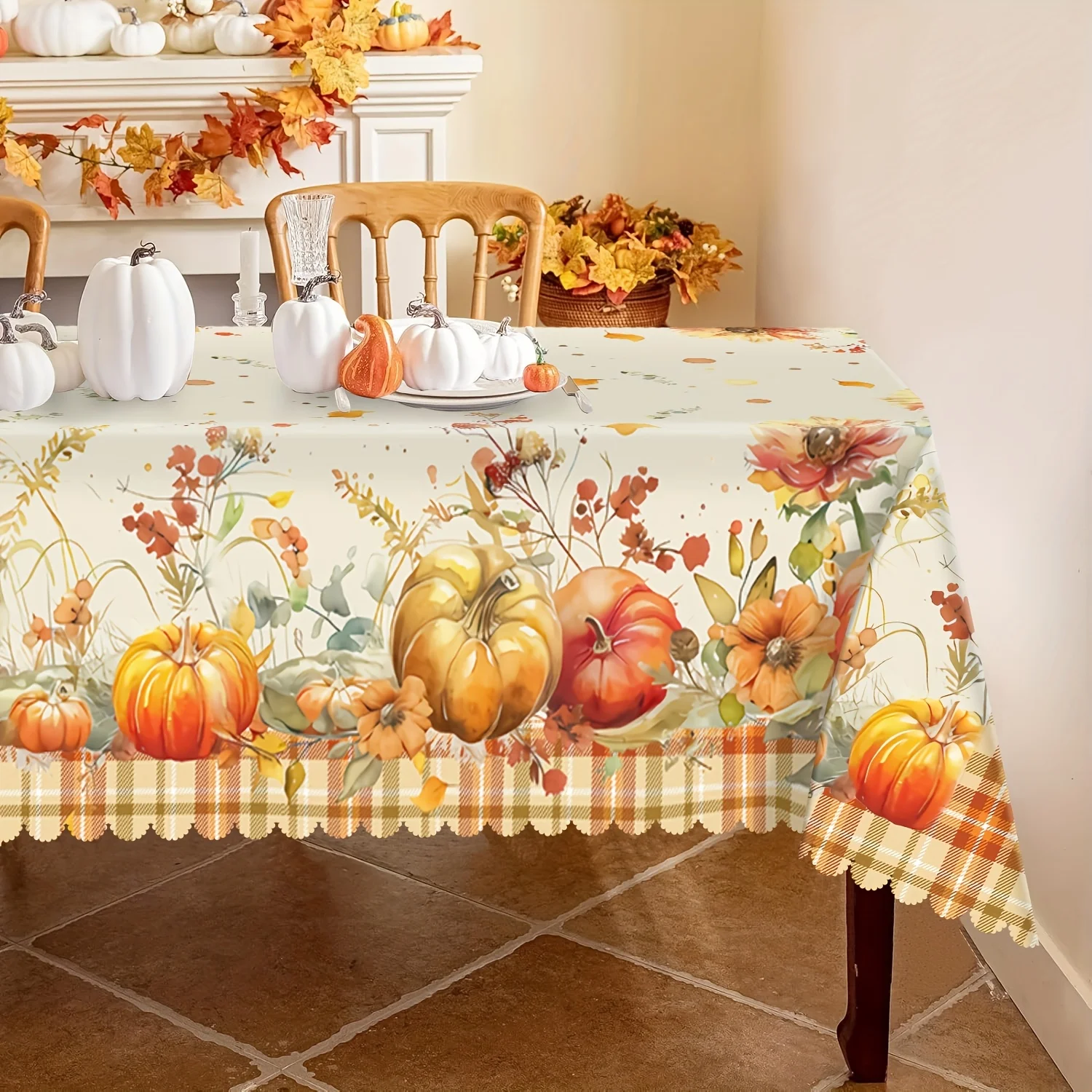 1 piece - Autumn tablecloth - Buffalo check pumpkin and flower watercolor autumn table decorationzyc