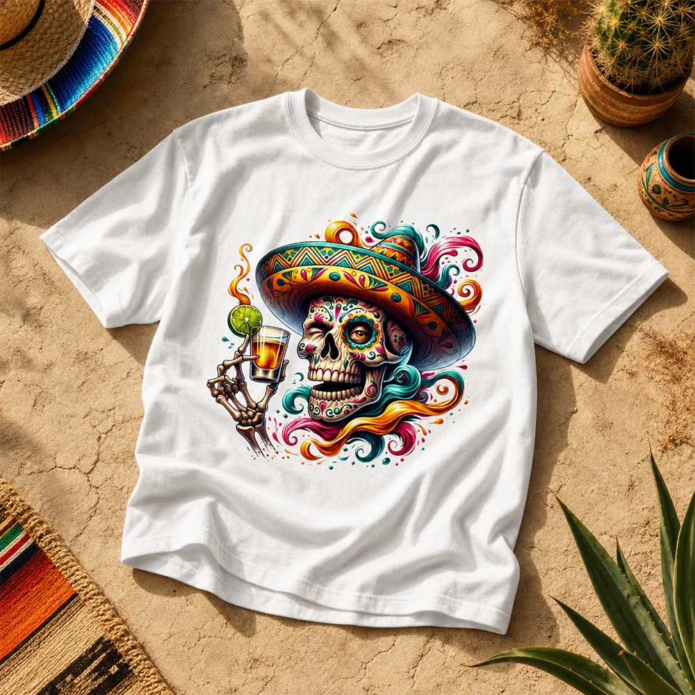 Unisex Breathable Mexican Sombrero Skull Tee Short Sleeve Parent-Child Day of the Dead Fiesta Celebration Summer Casual Clothing