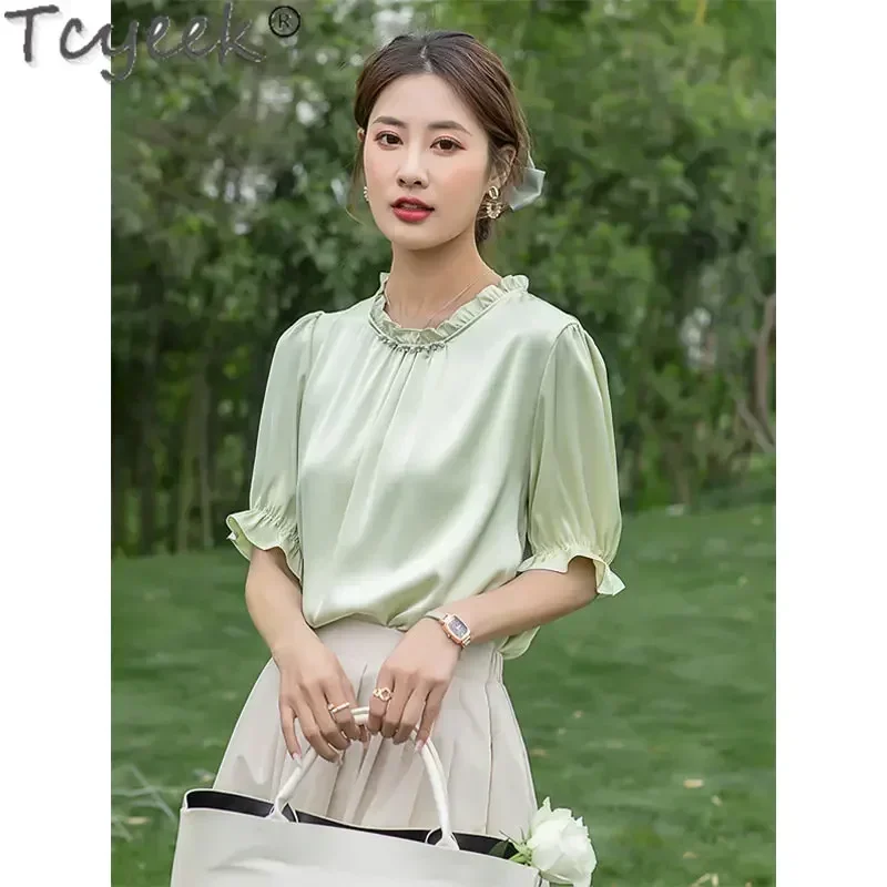 Heavyweight 19 Mm 100% Real Mulberry Silk Blouse Summer Short Sleeve T-shirts Ladies Clothes Tshirt Blusa Mujer Elegante