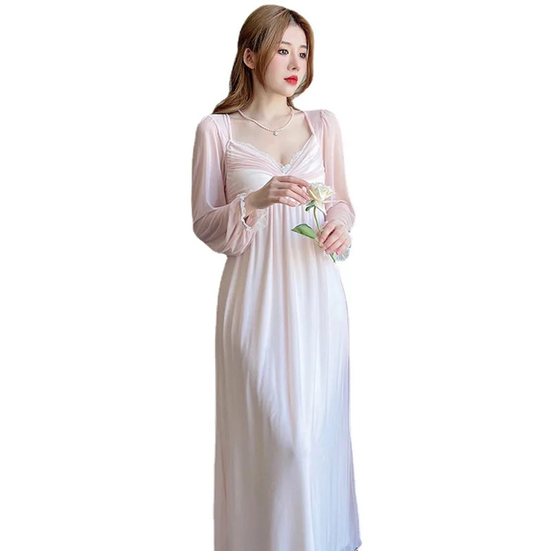 Women Long Nightgown Sleepwear Spring Summer French Sexy Fairy Palace Style Nightdress Casual Mesh Home Clothes Lounge Wear