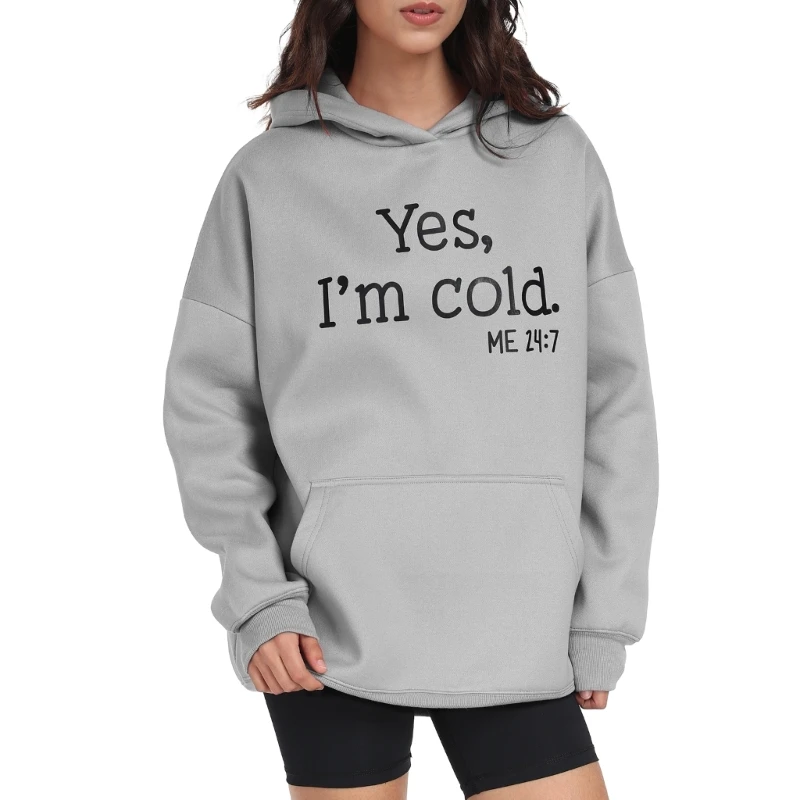 

Womens Yes Cold Printed Casual Oversized Hoodie Sweatshirts Letter Pattern Long Sleeve Hooded Pullover Top Sweaters