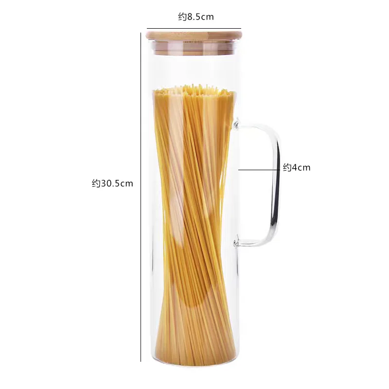 Italian Pasta Noodels Storage Jar 1500ml Round Glass Storage Jars Bamboo Cover, Sealed Glass Bottle, Kitchen Seasoning Tank