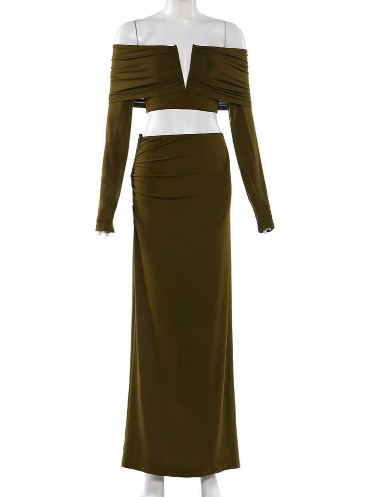 클리우 캐주얼 엘레강스 투피스 세트 여성 V넥 메탈 슬래시넥 긴팔 크롭탑+엘라스틱 웨이스트 롱 스커트 심플 베이직 슈트