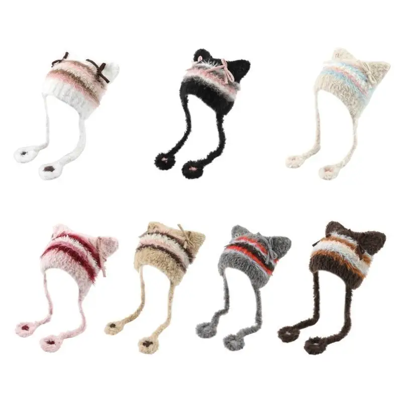31BB Furry Knit Head Wrap Striped Kitten Ear Thicken Hood for Women Outdoor Wear