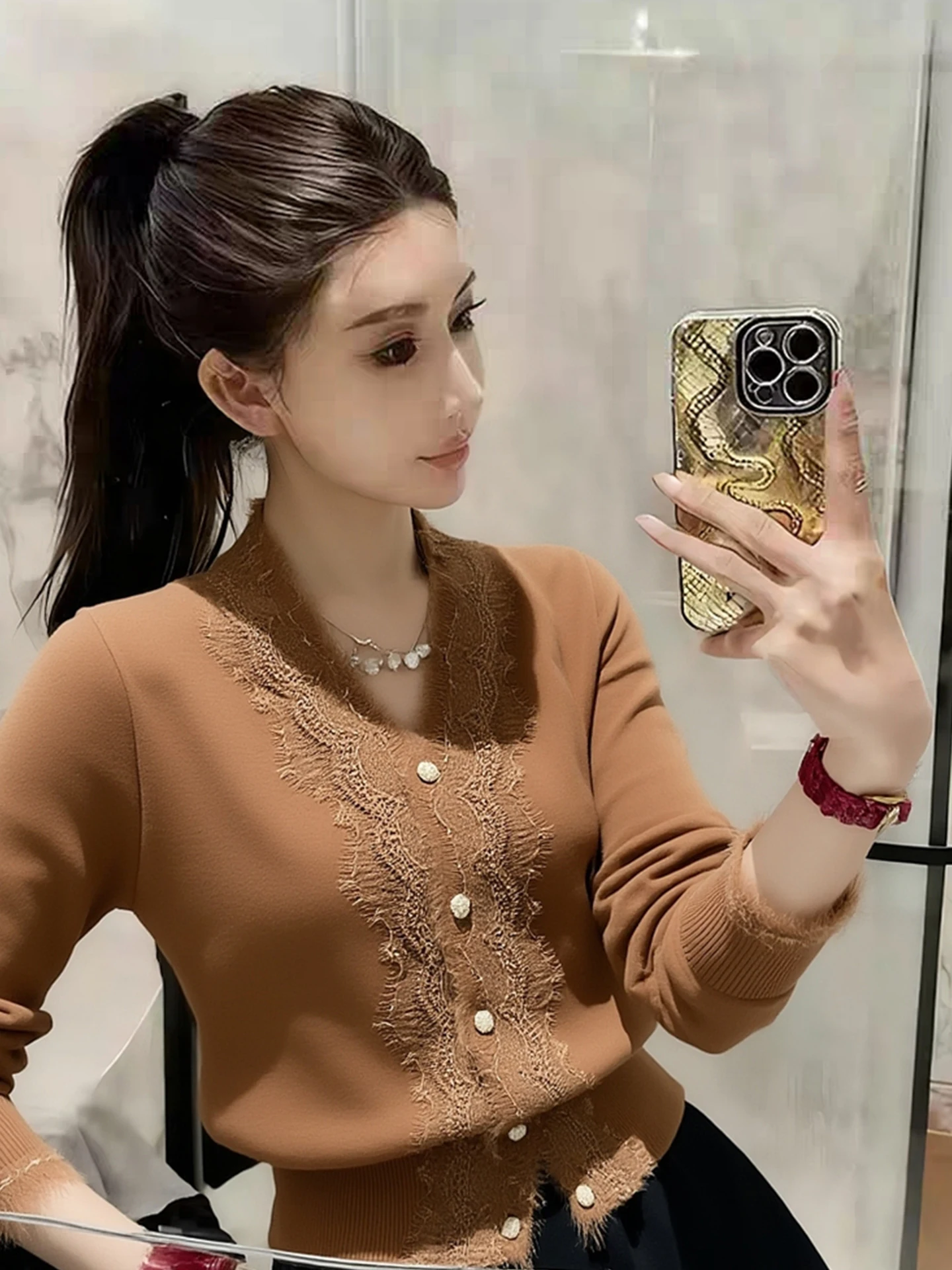 

Ele Lace Splice V-Ne Long Sve Slimming Knitted Open Cardigan Top High-End European Brand Winter Faion Commute