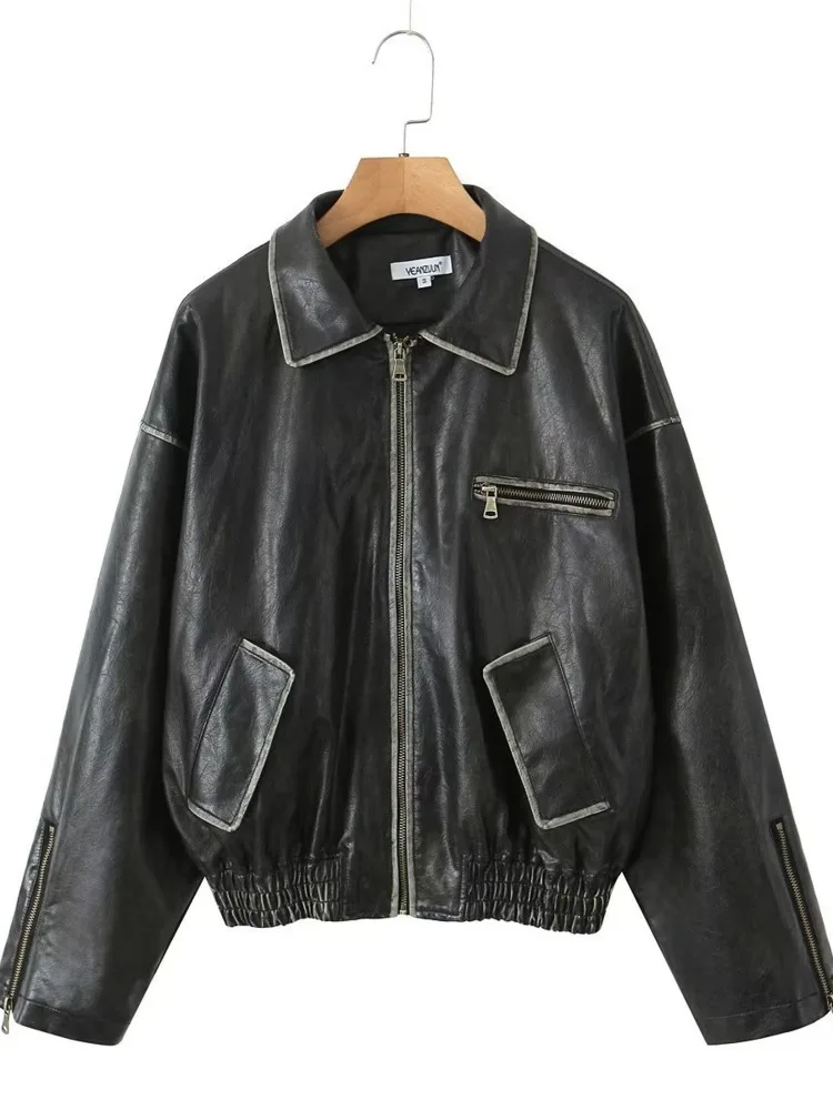 ZMEENNA Women's Faux Leather Bomber Jacket With Pockets And Zip Closure Chic And Casual Outerwear Vintage Style ZM3776