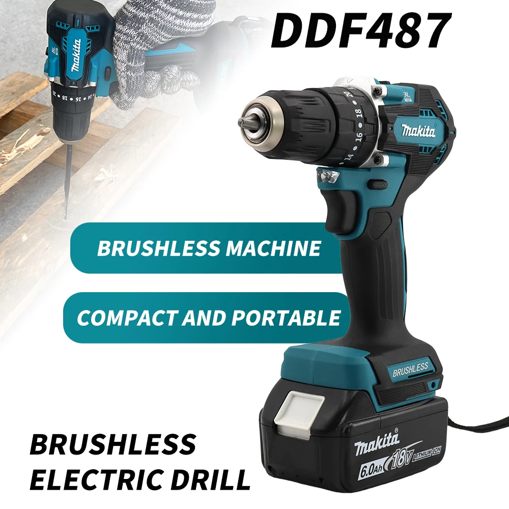 Makita DDF487 Screwdriver Cordless Percussion Drill 18V Electric Variable Speed Brushless Motor Impact Power Tools Power Drill