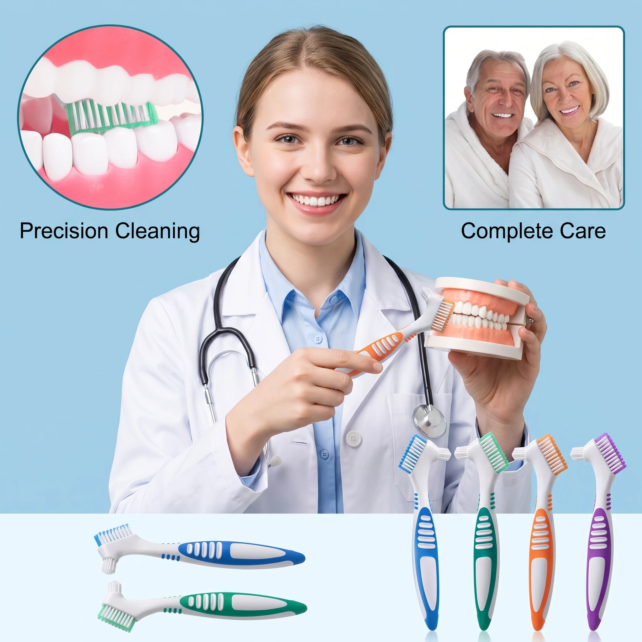 Denture Brush Double‑Sided Bristles Non‑slip Grip False Teeth Cleaner for Retainer Invisalign Mouth Guard Multi‑Color