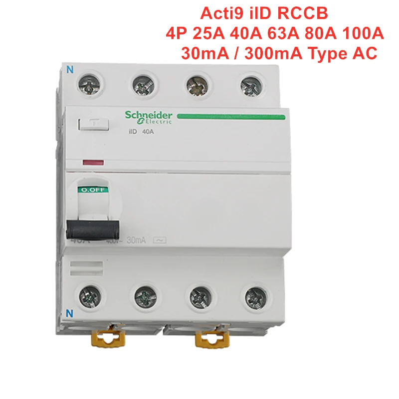 

Schneider Electric Acti9 iID RCCB 4P 25A 40A 63A 80A 100A Residual Current Circuit Creaker 30mA 300mA Type AC