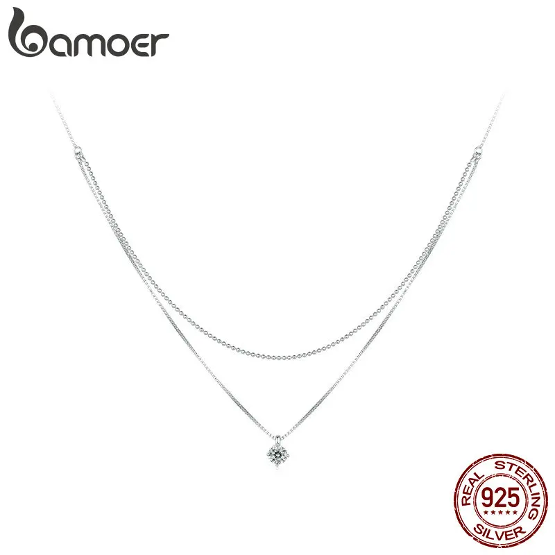 Bamoer 925 Sterling Silver Shining Zircon Pendant Necklace Double Layer Neck Chain for Women Engagement Wedding Fine Jewelry