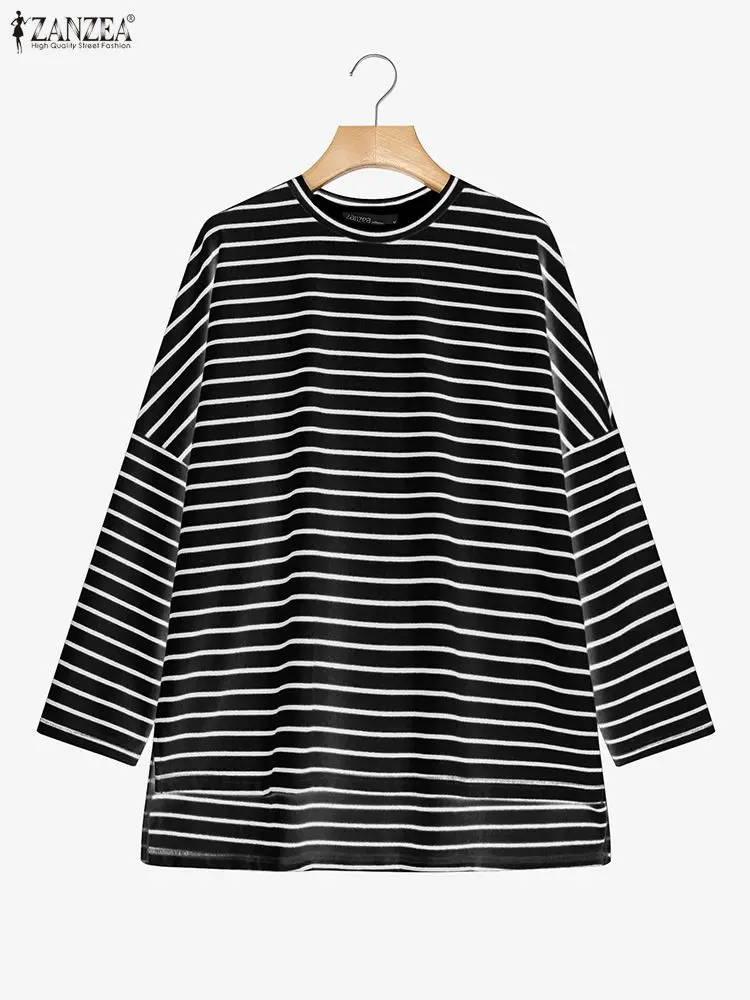 

Oversize Autumn Stripe Blouse ZANZEA Women Vintage Long Sleeve Tops O Neck Loose Shirt Muslim Abaya High Low Pullover Mujer 2025
