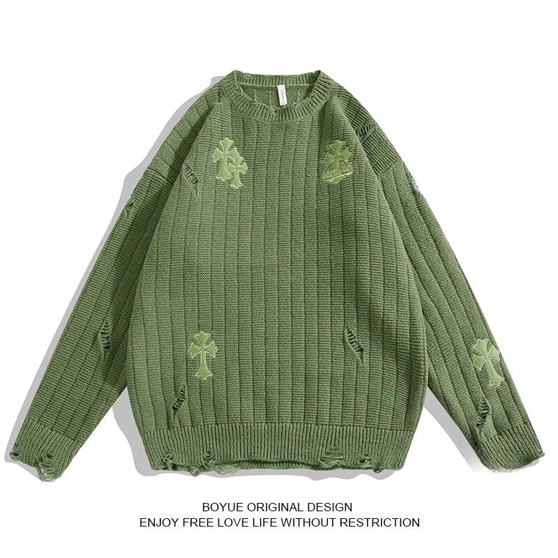 

Мужской вязаный свитер Boyue с вышивкой и перфорацией, осенне-зимний, свободного кроя, с длинным рукавом, теплый...