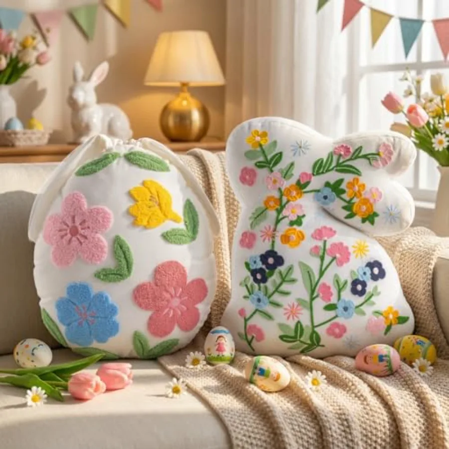 Easter Bunny Egg Shaped Throw Pillows Set of 2 Floral Embroidered Rabbit Decorative Cushions for Sofa Couch Bedroom Spring Holi