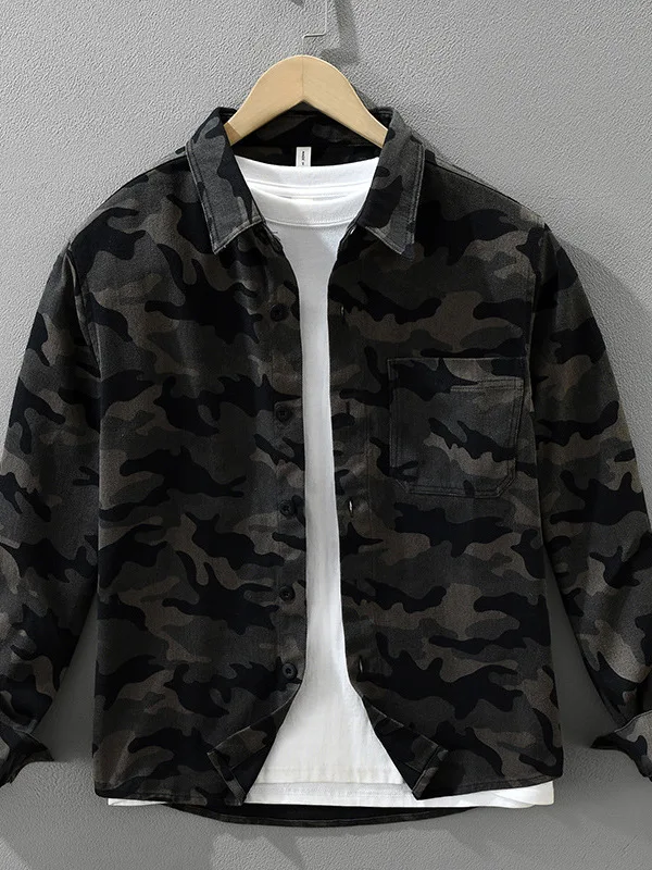 

Camouflage Thick Long Sleeve Men's Shirt Washed Autumn New Style Trendy Japanese Retro Casual Shirt Jacket Loose Fit Cotton