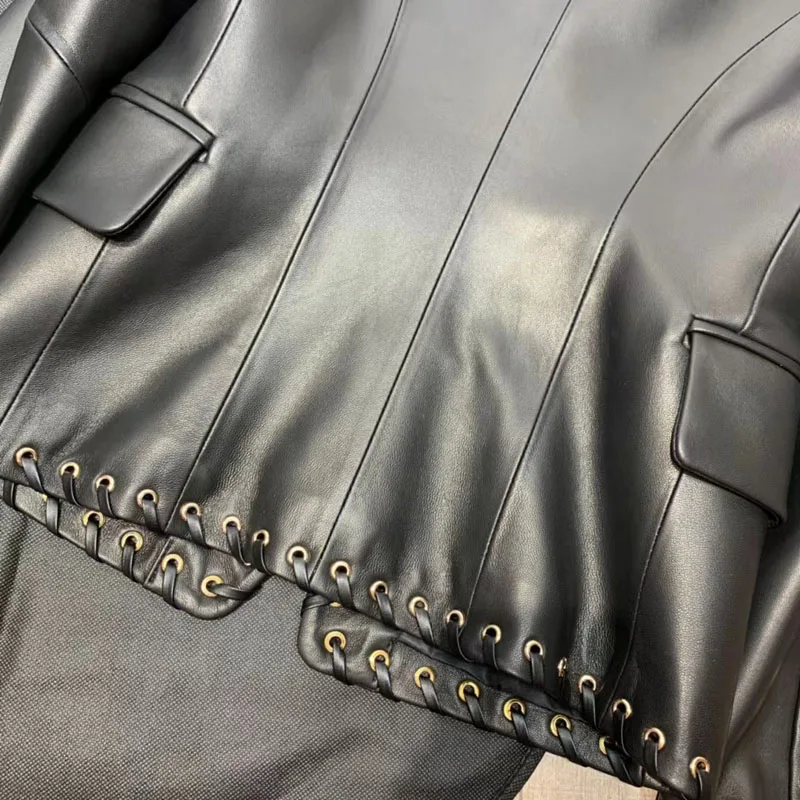 Women Coat Spring And Autumn 2023 New Fashion Genuine Leather jacket Turn-Down Collar Double Breasted Pleated Edges