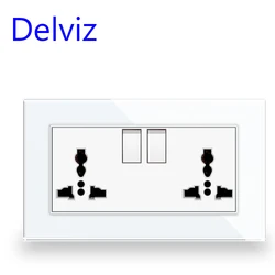 Delviz Wall Double Outlet, Tempered glass crystal Panel, Switch control UK Standard Power Outlet, Universal Electric plug Socket