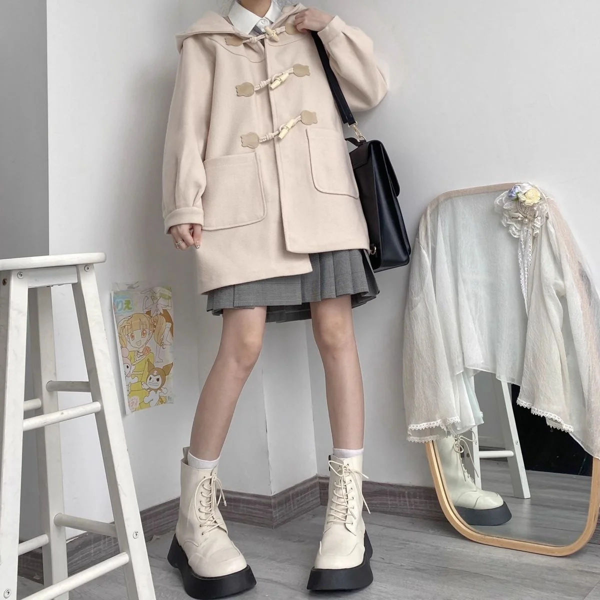 Cute Girl Spring And Autumn New Medium And Long Styles Horn Button Coat Collection Casual Fashion Trends Versatile Lazy Wind