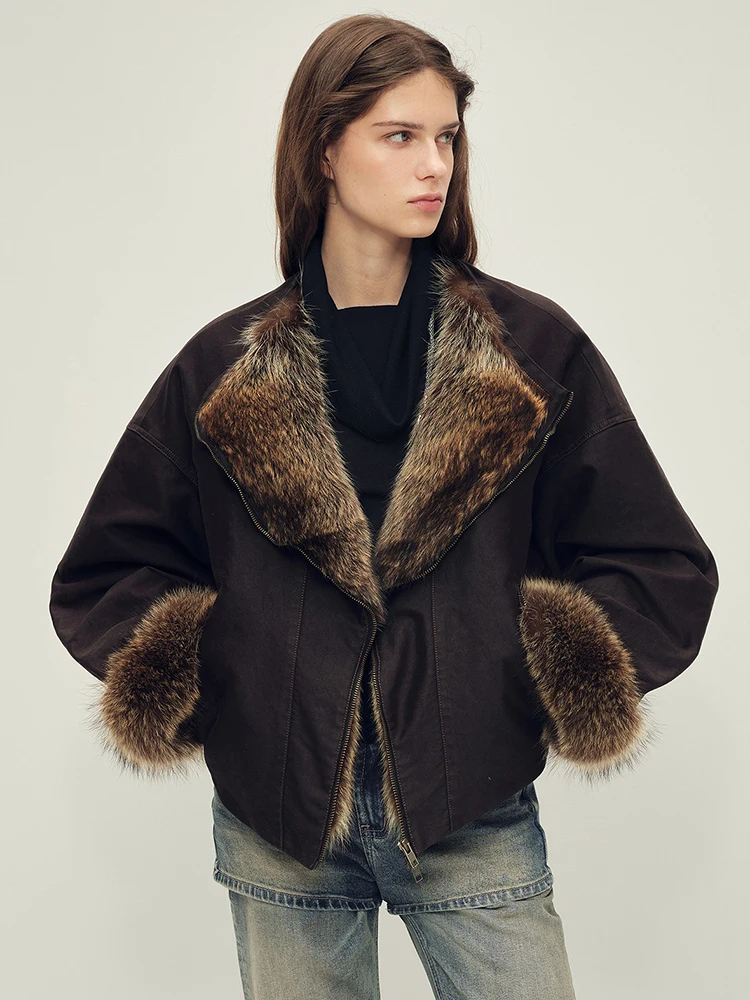 

Natural Fur Collar Goose Down Jackets for Women 2026 New High-end Simple Loose Stand Collar Short Oversized Winter Down Coat