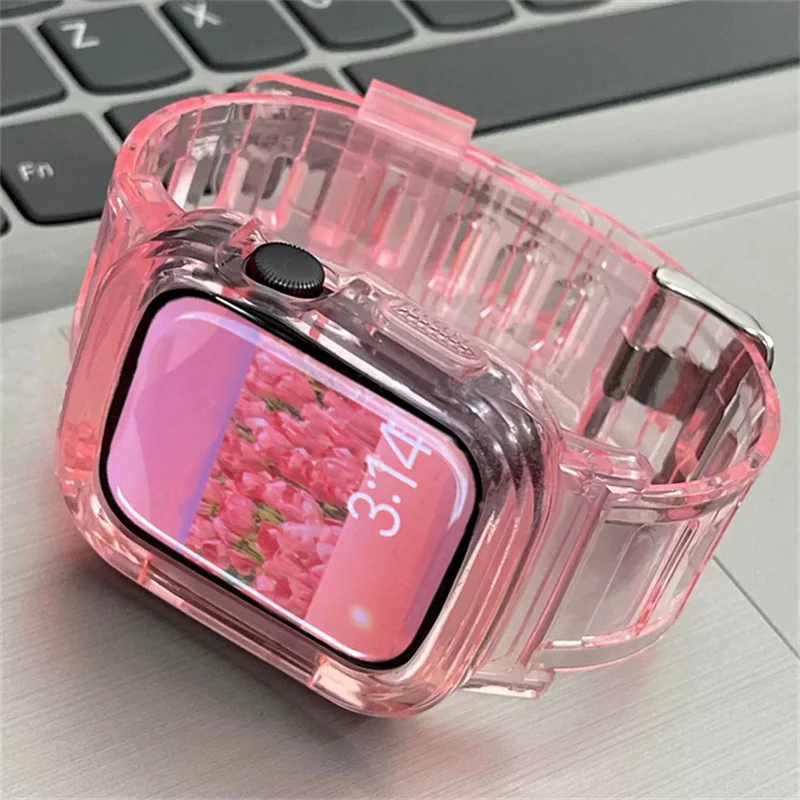 Korea Cute Pink Clear Sports Silicone Case + Strap For Apple Watch Band 49mm 45 44 41 42 Correa Band For Watch Series 8 7 SE 6 5