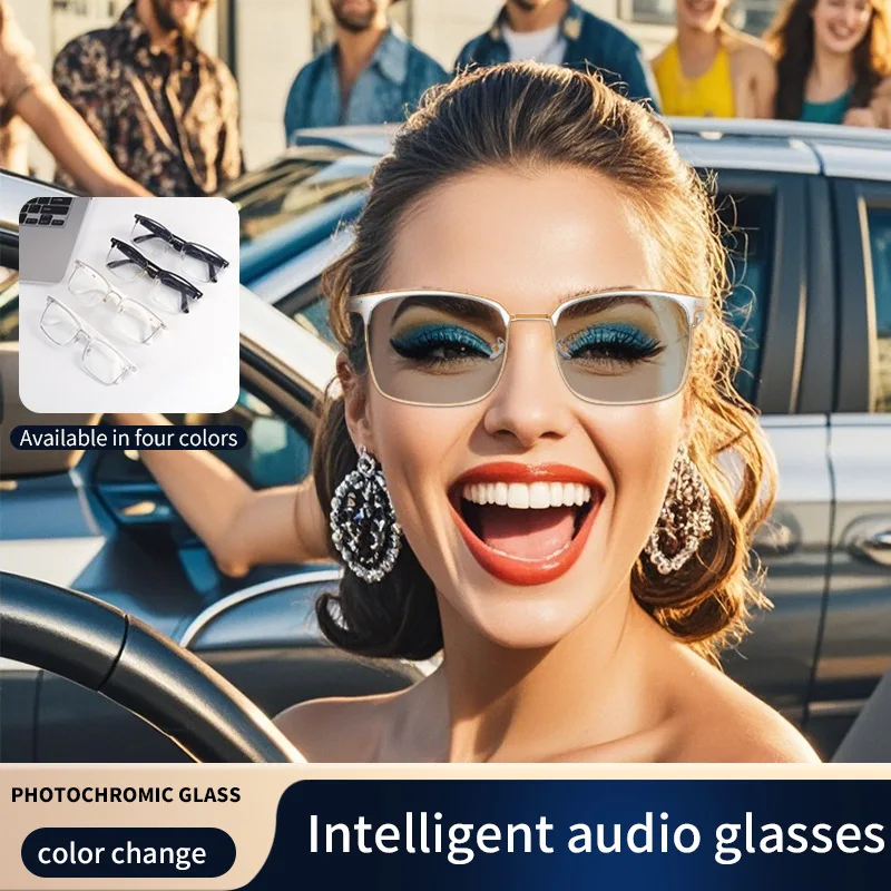 Outdoor interchangeable lens Bluetooth audio glasses, high-end anti blue light color changing music calling sunglasses