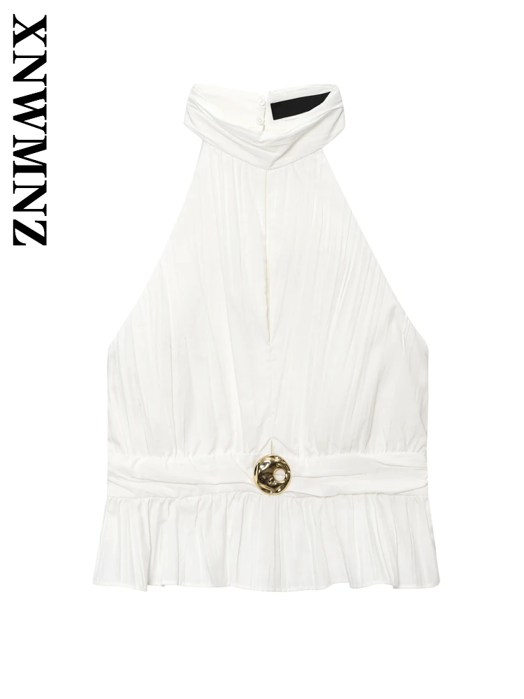 

XNWMNZ 2025 Summer New Woman's Simple Chic Halter Sleeveless Backless Vest Party Lady White Top Fashion belt