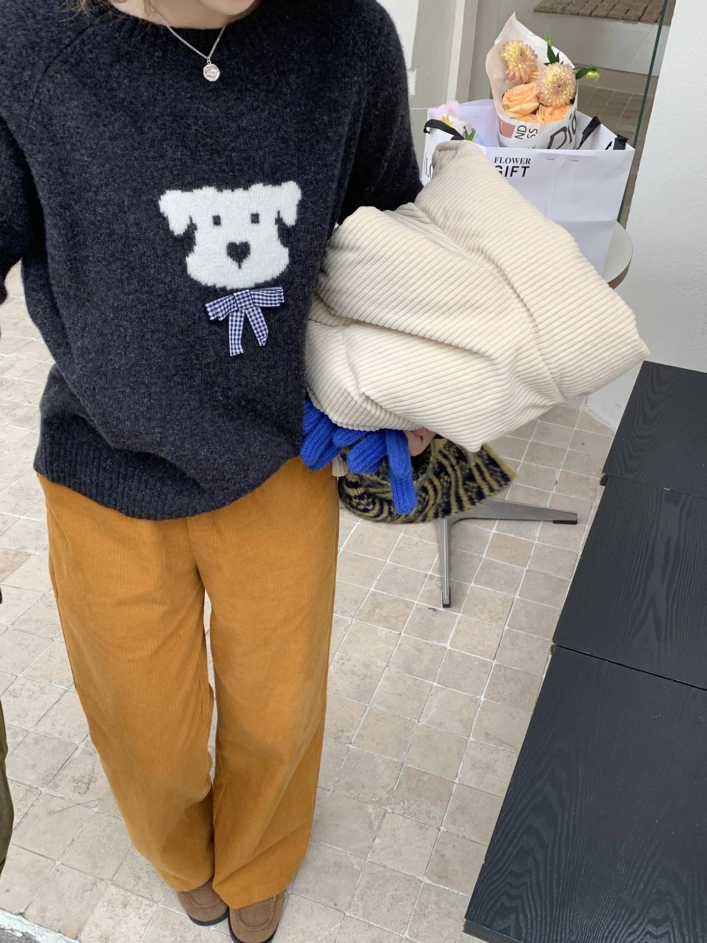 

ELINSU Full Wool Cute Little Dog round Ne Overhead Sweater Women's Autumn Winter Loose Casual Versatile Knitted irt