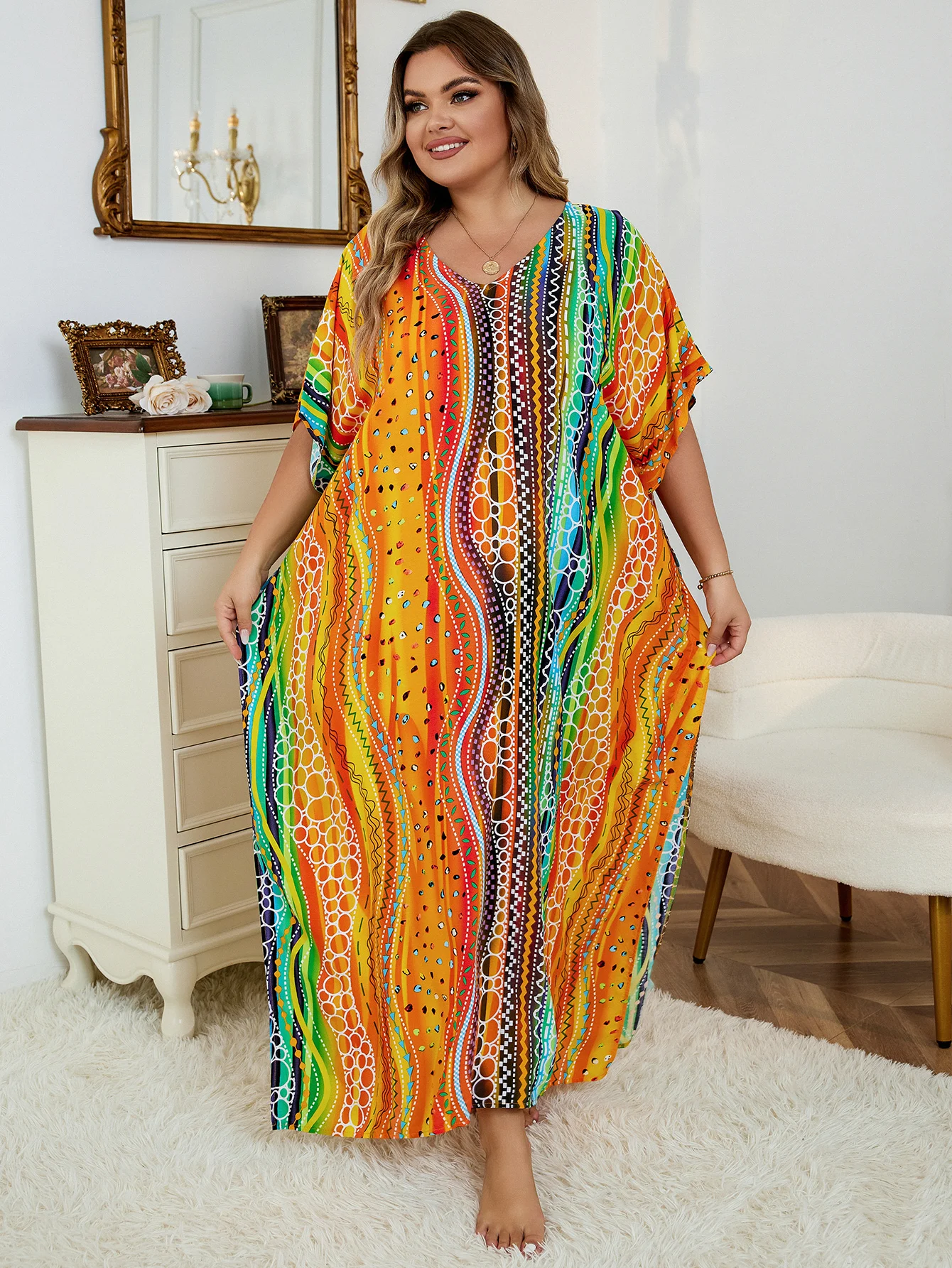 2024 Boho Printed Kaftan Casual Summer Clothing Women Plus Size V-Neck Batwing Sleeve Beach Wear Maxi Dress Robe Sarong Q1476