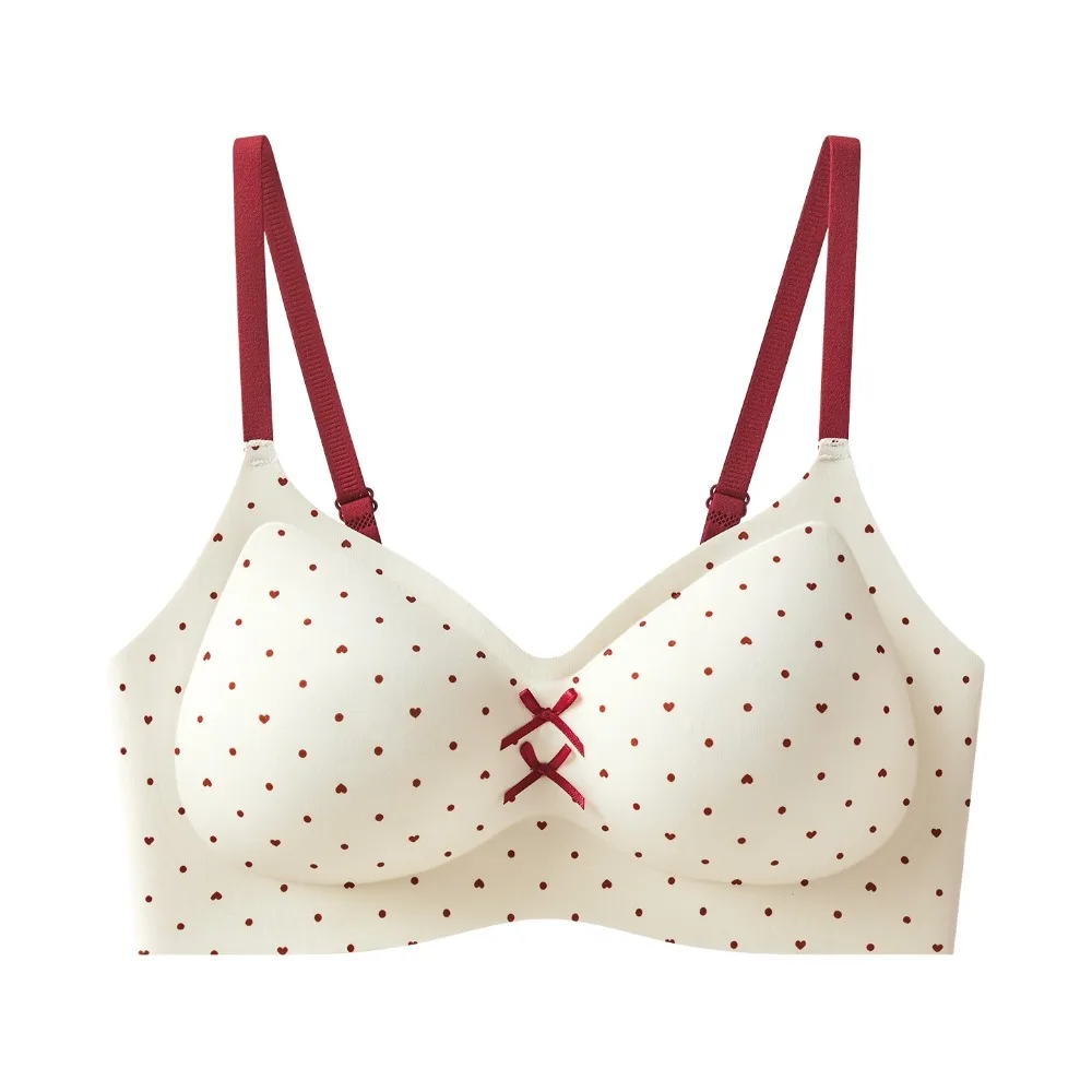 Traceless Dots Wireless V Bra Flower Bow Gathered Breasts Brassiere for Women Shockproof Lingerie Seamless Floral Print Bra
