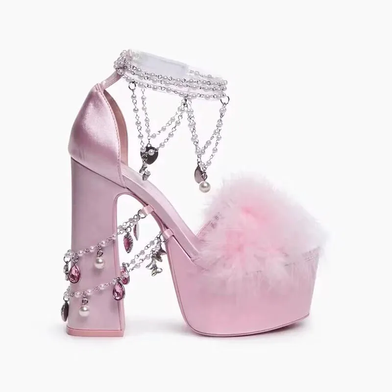 

Sweet Pink Ostrich Feather Necklace Heart Chains Sandals Platform Chunky High Heels Wedding Shoes Peep Toe Lolita Shoes Woman