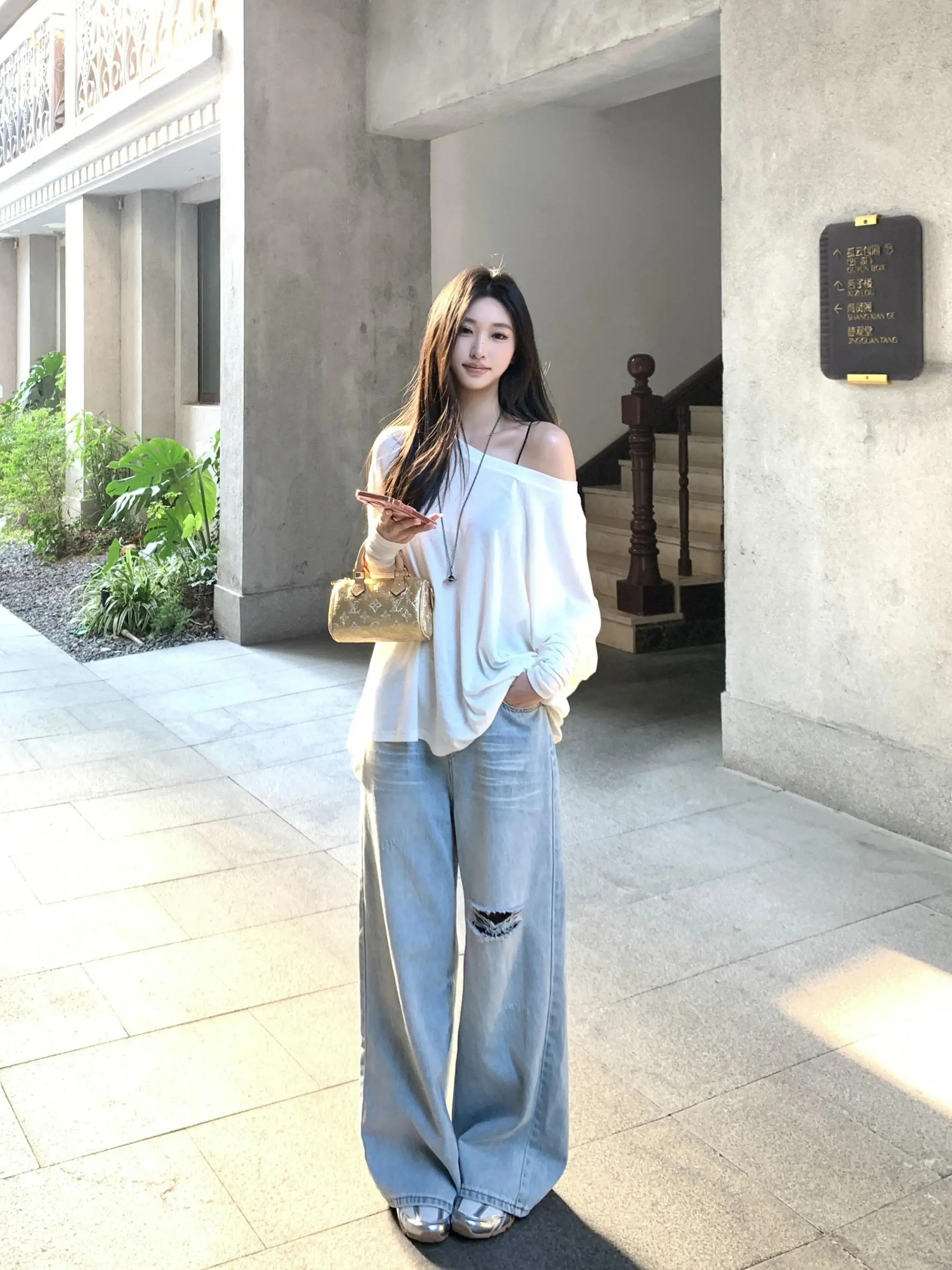 

Женская удлиненная футболка Lose Sle, весна-лето, повседневная, свободного кроя, с открытыми плечами, из смесовой шерсти, комфортная, стройнящая фигуру