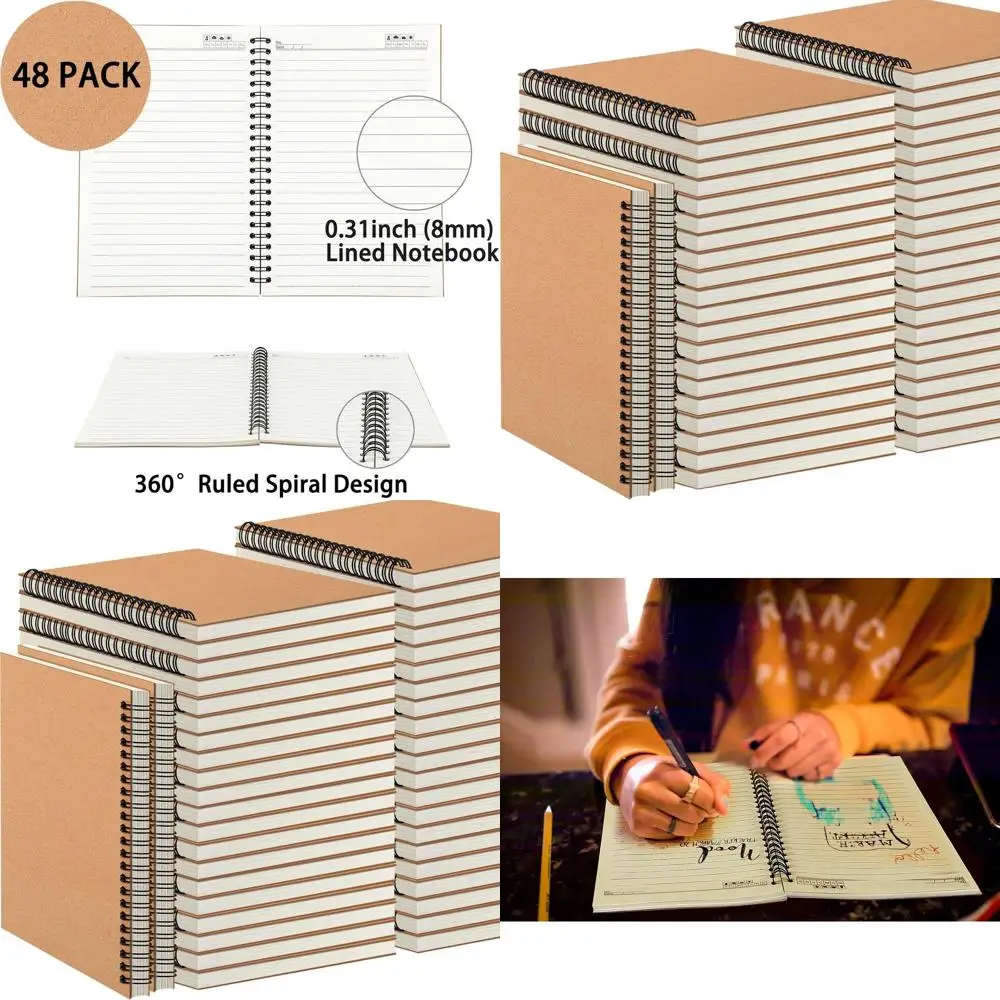 

Набор из 48 блокнотов формата А5 на спирали с крафт-обложкой, 5x8, бумага в линейку, идеально подходит для работы, рисования, учебы и подарков.