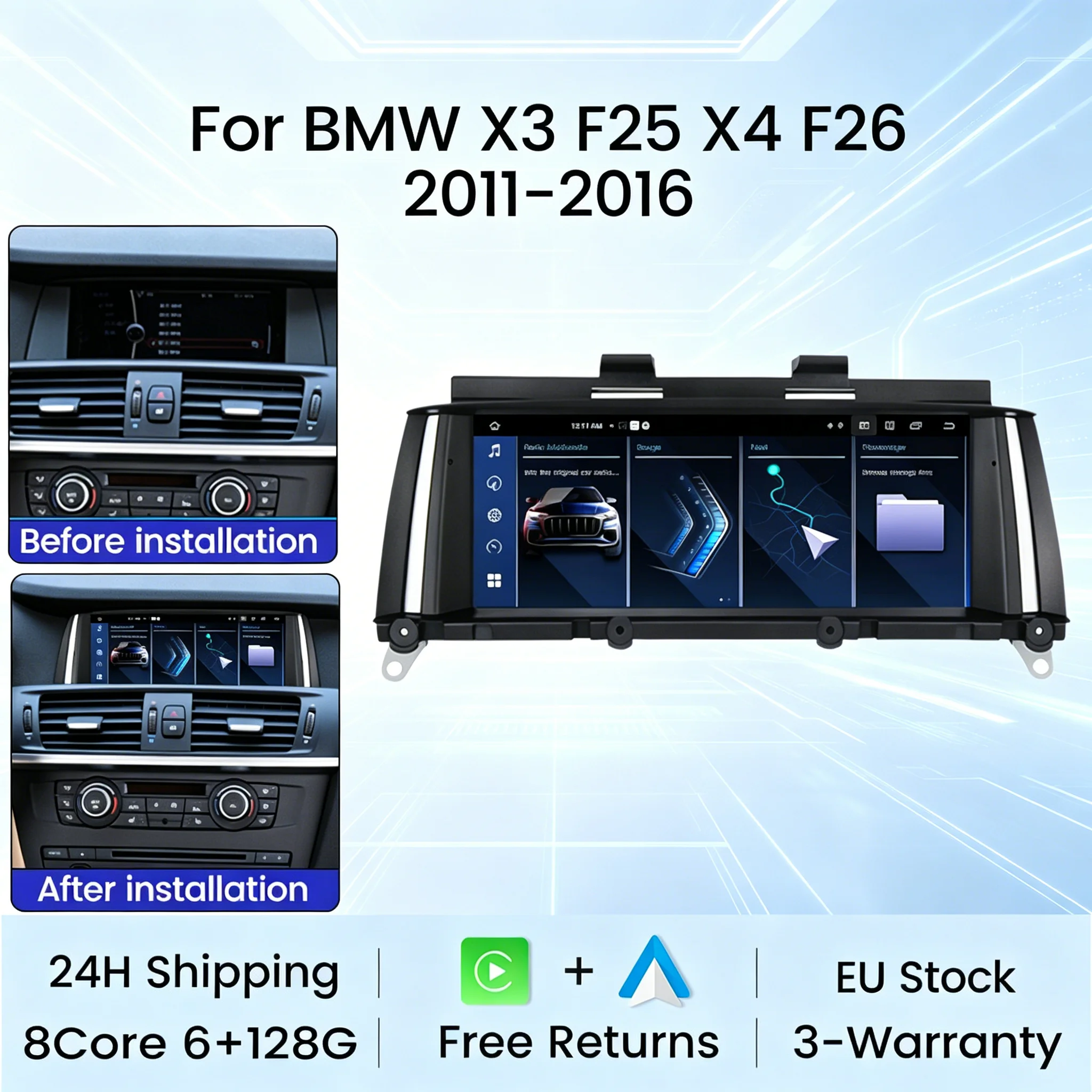 Autoradio multimediale con Android Auto e CarPlay wireless per BMW X3 F25 X4 F26 2011-2016, con 4G, Wi-Fi, GPS, audio, unità principale, DSP, BT e sistema di controllo intelligente per auto.