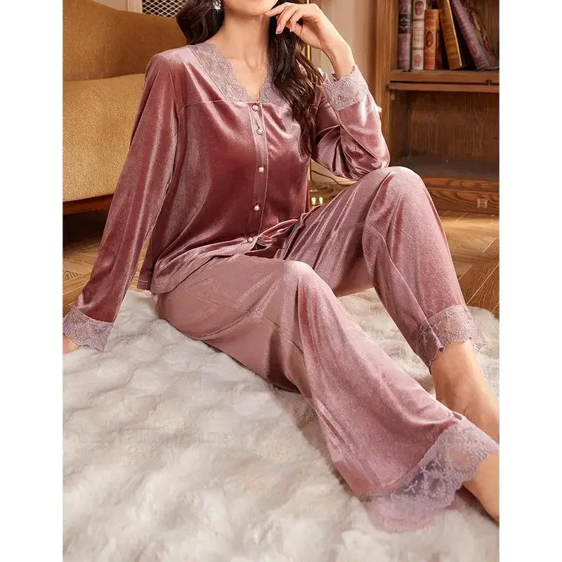 

2025 с длинным рукавом, 2 шт., верхние брюки, пижамы, женская сексуальная ночная рубашка с v-образным вырезом, осенне-зимний новый пижамный комплект, теплая домашняя одежда