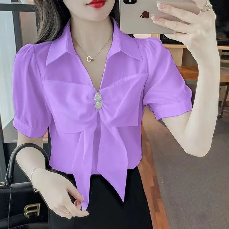 

Fashion V-Neck Spliced Button Bow Puff Sleeve Blouses Female Clothing 2024 Summer New Loose Solid Color Chic Tops Sweet Shirts