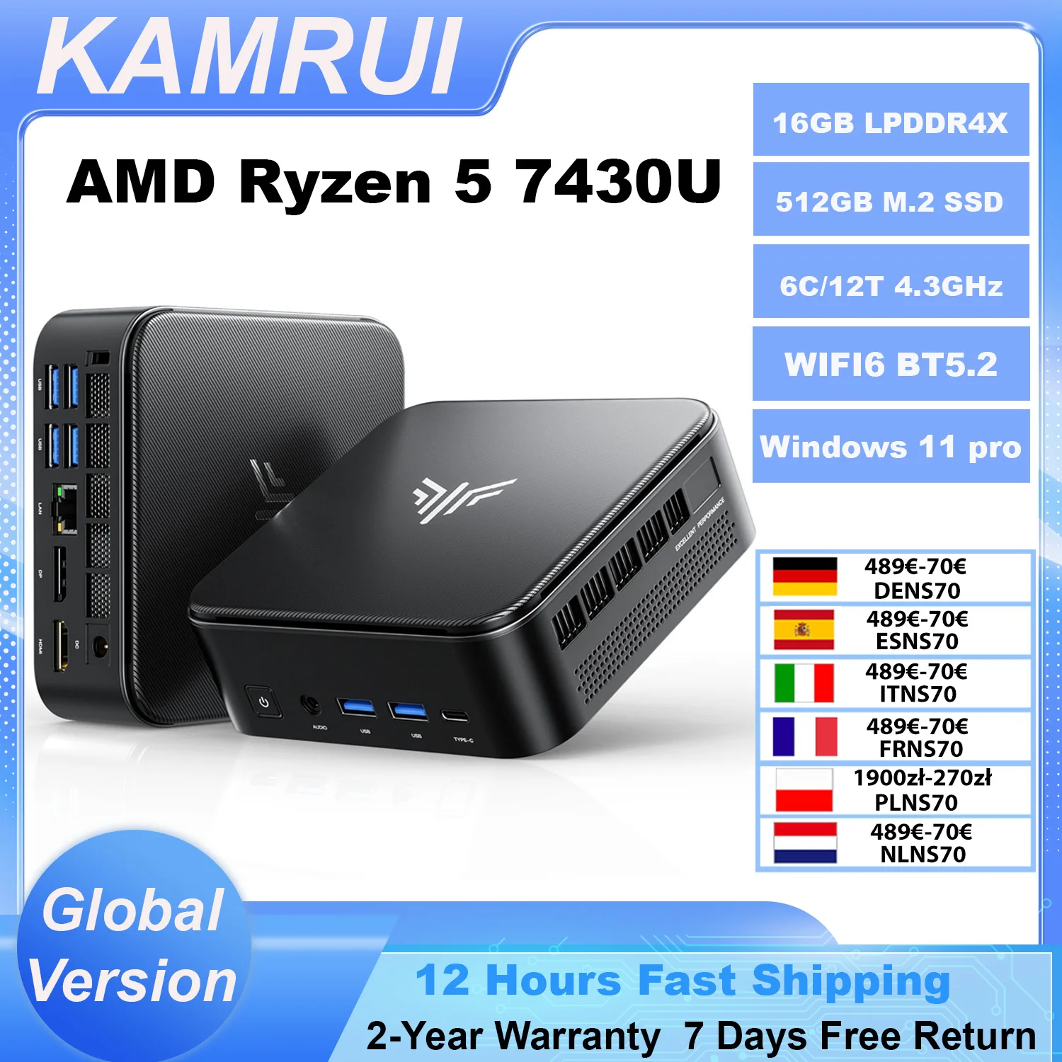 AMD Ryzen7 7730U 7430U 미니 PC 32GB LPDDR4X 512GB PCIe3.0 SSD 트리플 4K 데스크탑 컴퓨터 WiFi6 Win11 Pro 사무용 및 가벼운 게임용