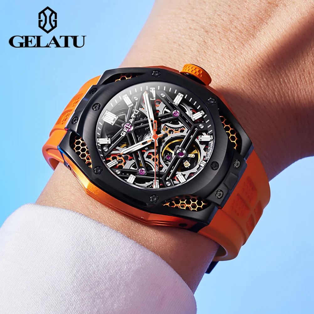 GELATU Original Automatic Watch For Men Skeleton 53MM Big Dial High Quality Waterproof Sport Watches Mechanical Wristwatches