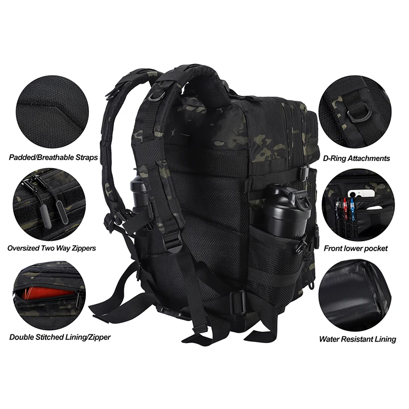 LHI 45L Tactical Hunting Backpack for Men Outdoor Waterproof Camouflage Bug Out Bag Hiking Survival Rucksack with Bottle Holder
